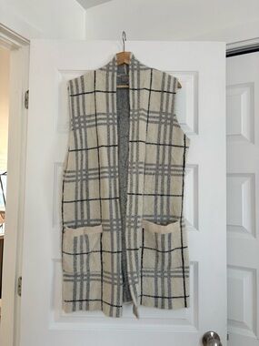Cyrus Cream and Black Plaid Fuzzy Open-Front Vest